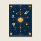 Stylised orbital arcs around one golden sphere — Scientific-inspired graphic art home office art print