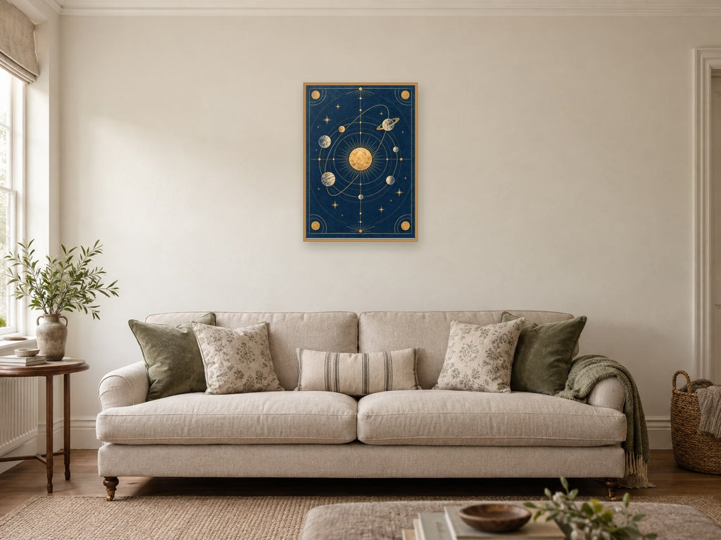 Stylised orbital arcs around one golden sphere — A2 artwork shown in a room with a natural wood frame; select a framed finish to include a frame