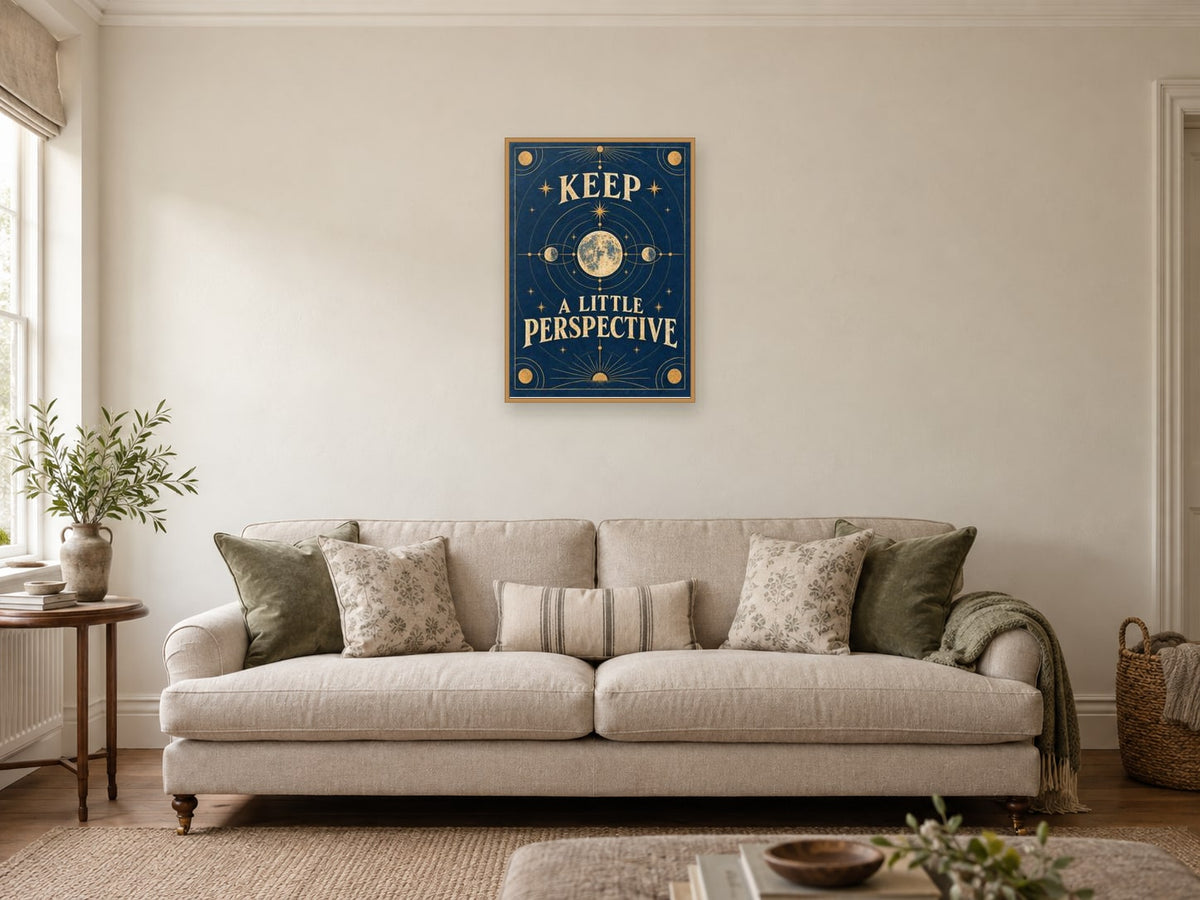 Keep A Little Perspective — A2 artwork shown in a room with a natural wood frame; select a framed finish to include a frame