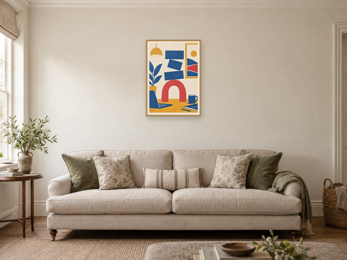Offset cobalt blocks balancing on a coral arch — A2 artwork shown in a room with a natural wood frame; select a framed finish to include a frame