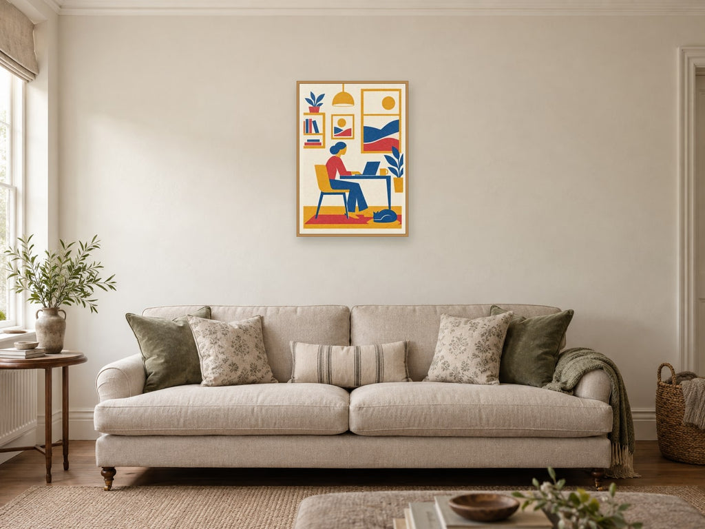Yellow planes — A2 artwork shown in a room with a natural wood frame; select a framed finish to include a frame