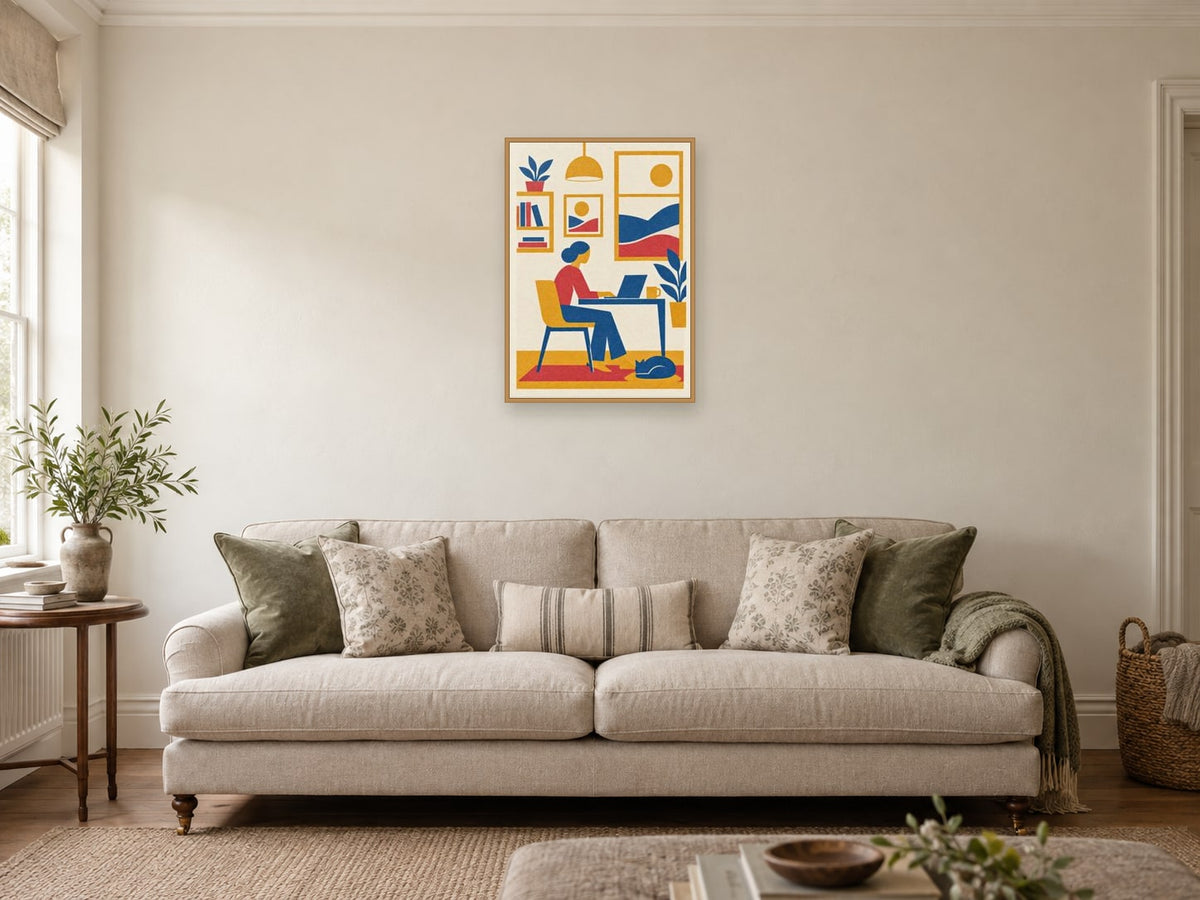 Yellow planes — A2 artwork shown in a room with a natural wood frame; select a framed finish to include a frame