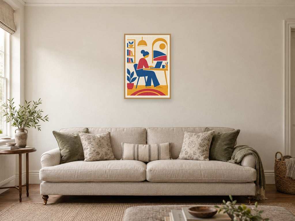 Interlocking circles and expressive hand-cut edges — A2 artwork shown in a room with a natural wood frame; select a framed finish to include a frame