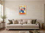 Interlocking circles and expressive hand-cut edges — A2 artwork shown in a room with a natural wood frame; select a framed finish to include a frame