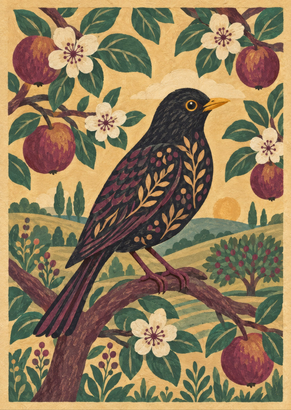 patterned blackbird in an imagined orchard — artwork detail