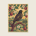 patterned blackbird in an imagined orchard — Decorative folk gouache living room art print