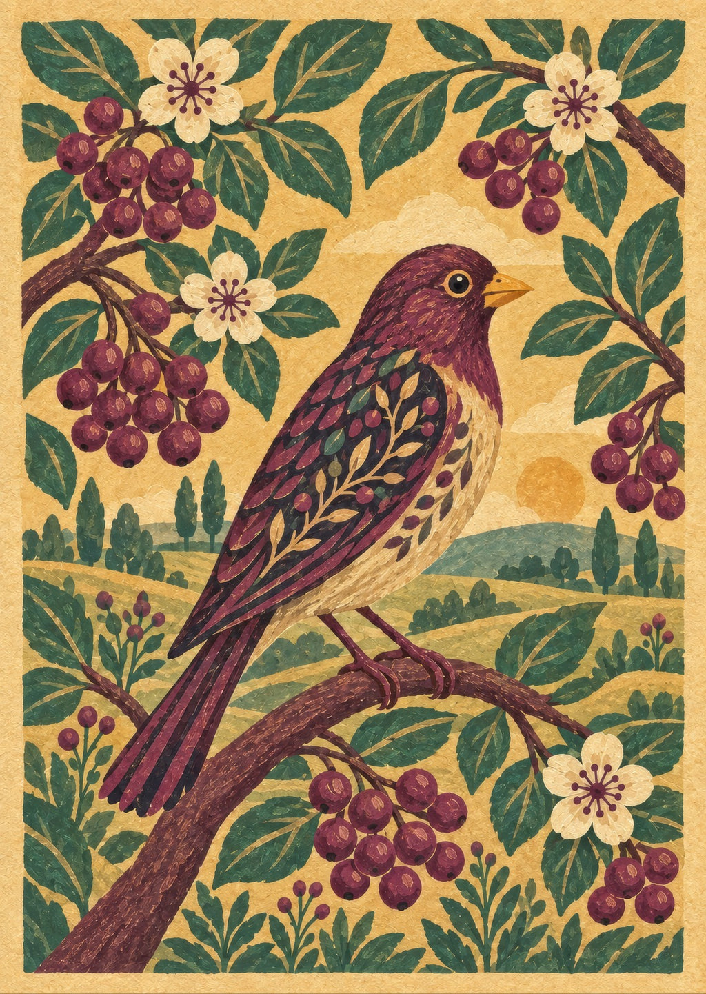 finch among broad berries and leaves — artwork detail