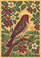 finch among broad berries and leaves — artwork detail