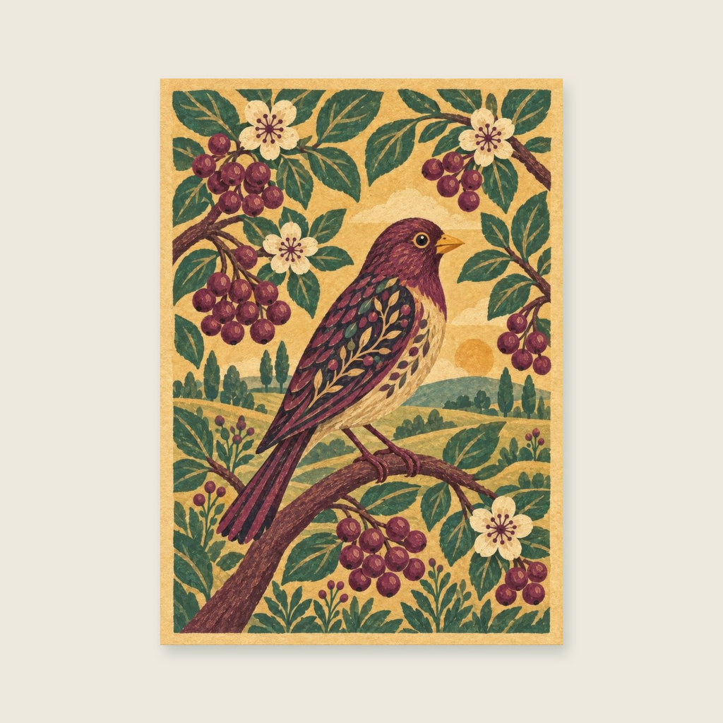 finch among broad berries and leaves — Decorative folk gouache living room art print