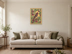 finch among broad berries and leaves — A2 artwork shown in a room with a natural wood frame; select a framed finish to include a frame