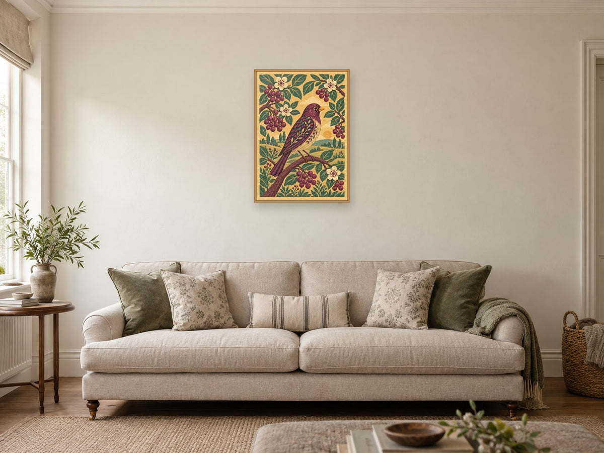 finch among broad berries and leaves — A2 artwork shown in a room with a natural wood frame; select a framed finish to include a frame