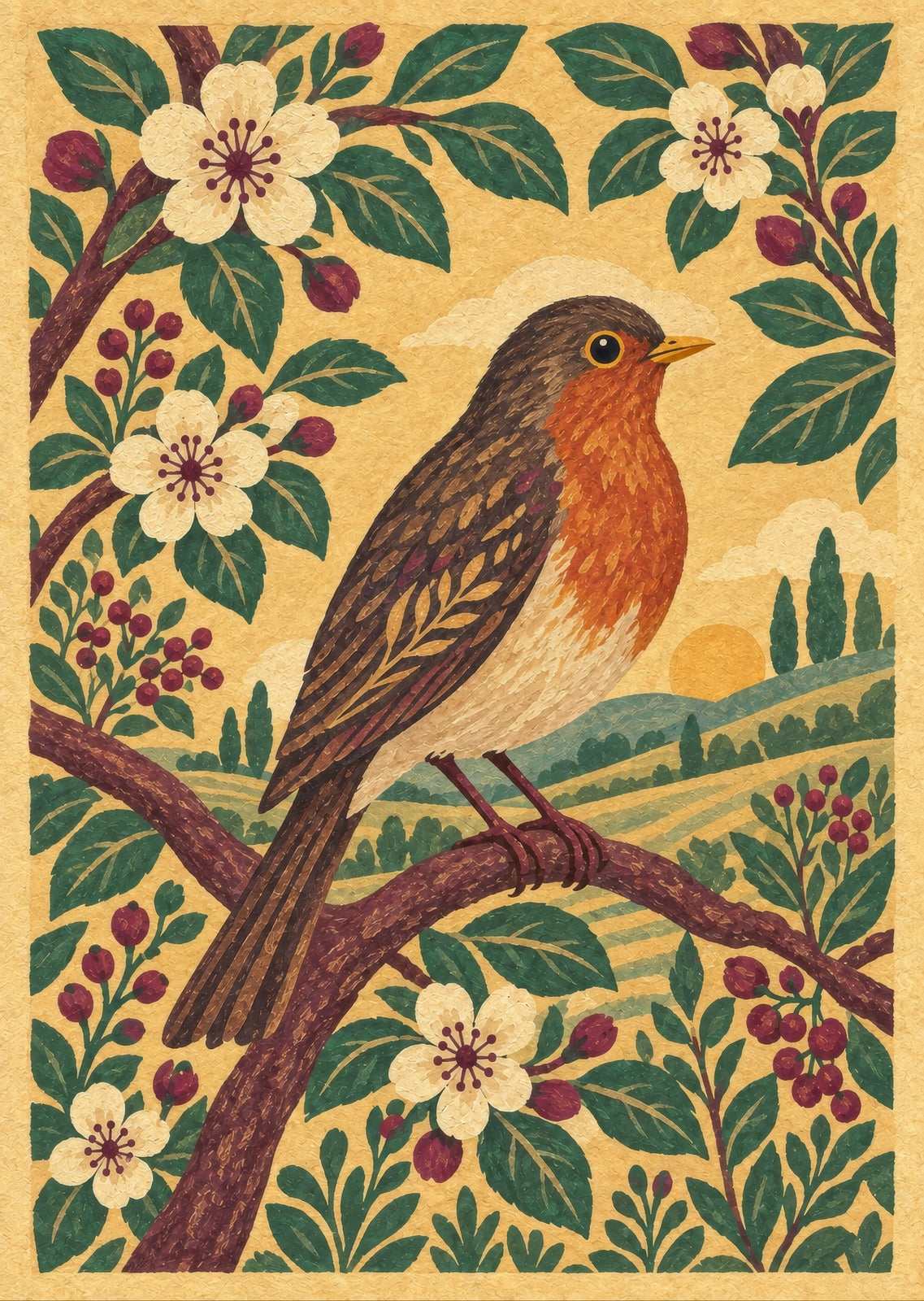 robin on a richly patterned flowering branch — artwork detail