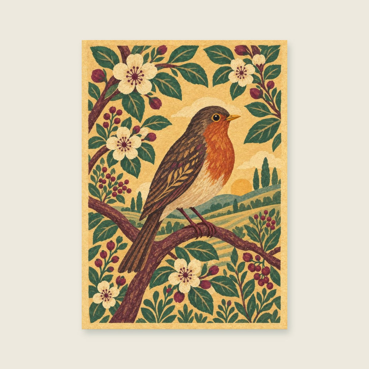 robin on a richly patterned flowering branch — Decorative folk gouache living room art print