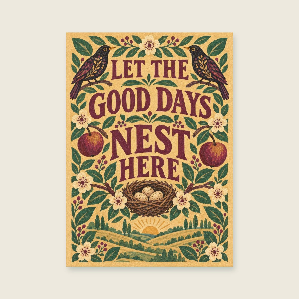 Let The Good Days Nest Here — Decorative folk gouache living room art print
