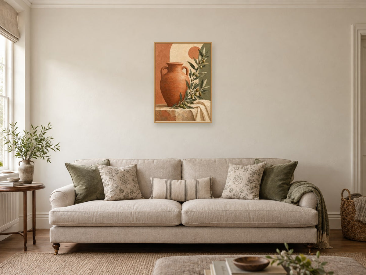 Large terracotta vessel — A2 artwork shown in a room with a natural wood frame; select a framed finish to include a frame