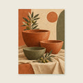Three asymmetrical bowls on layered linen — Sculptural still life painting living room art print