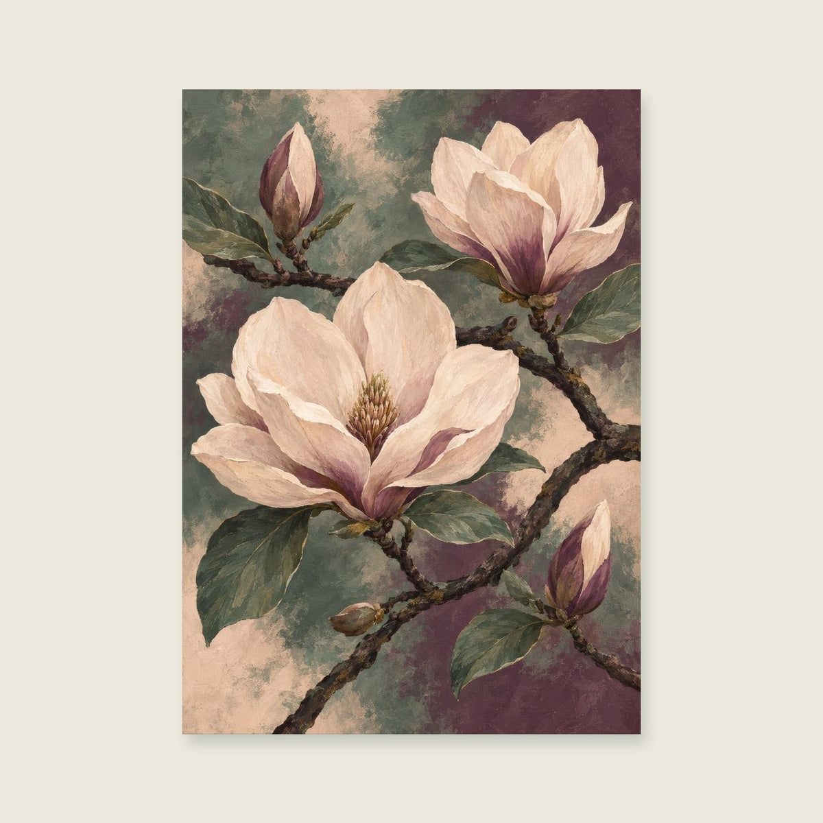 Magnolia blossom on a sweeping dark branch — Painterly botanical detail living room art print