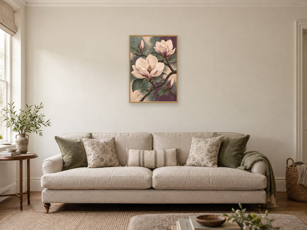 Magnolia blossom on a sweeping dark branch — A2 artwork shown in a room with a natural wood frame; select a framed finish to include a frame