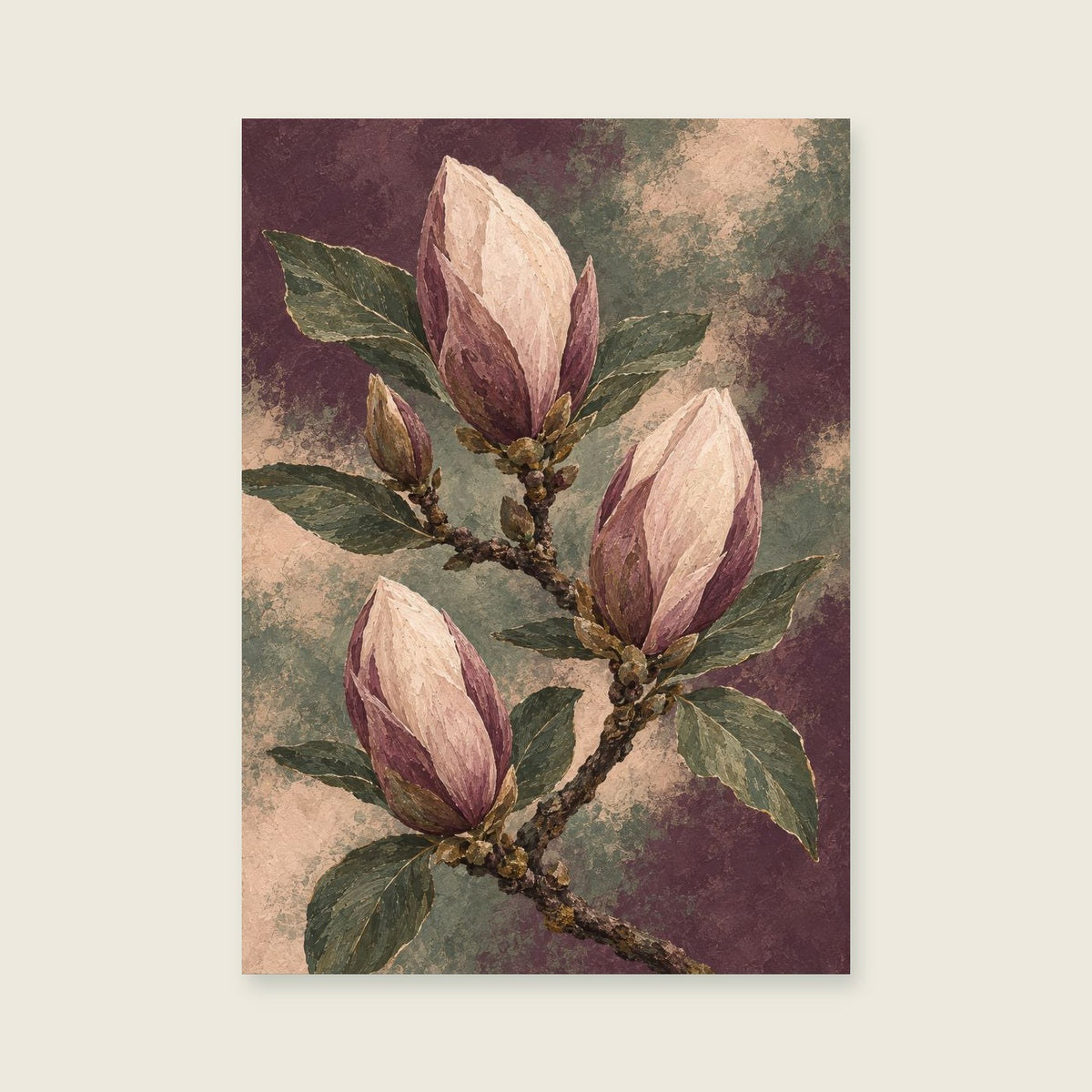 Closed magnolia buds against muted plum — Painterly botanical detail living room art print