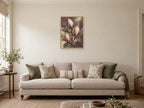 Closed magnolia buds against muted plum — A2 artwork shown in a room with a natural wood frame; select a framed finish to include a frame