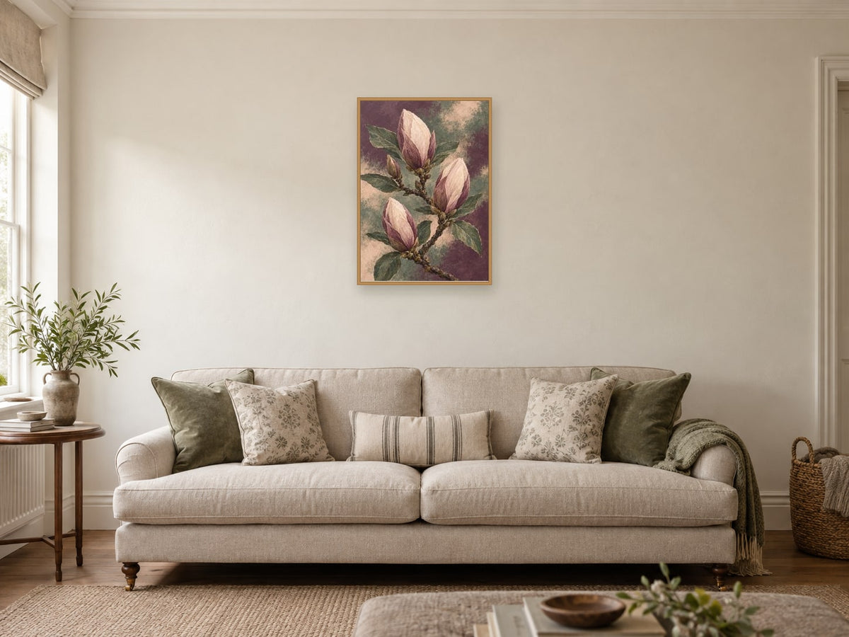 Closed magnolia buds against muted plum — A2 artwork shown in a room with a natural wood frame; select a framed finish to include a frame