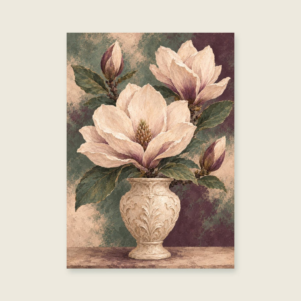 Open magnolia petals above a carved cream vase — Painterly botanical detail living room art print