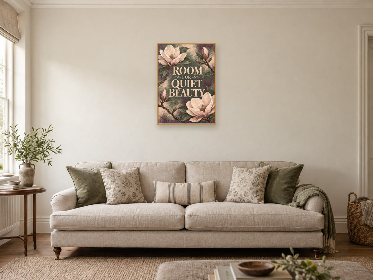 Room For Quiet Beauty — A2 artwork shown in a room with a natural wood frame; select a framed finish to include a frame