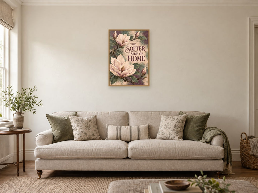 The Softer Side Of Home — A2 artwork shown in a room with a natural wood frame; select a framed finish to include a frame