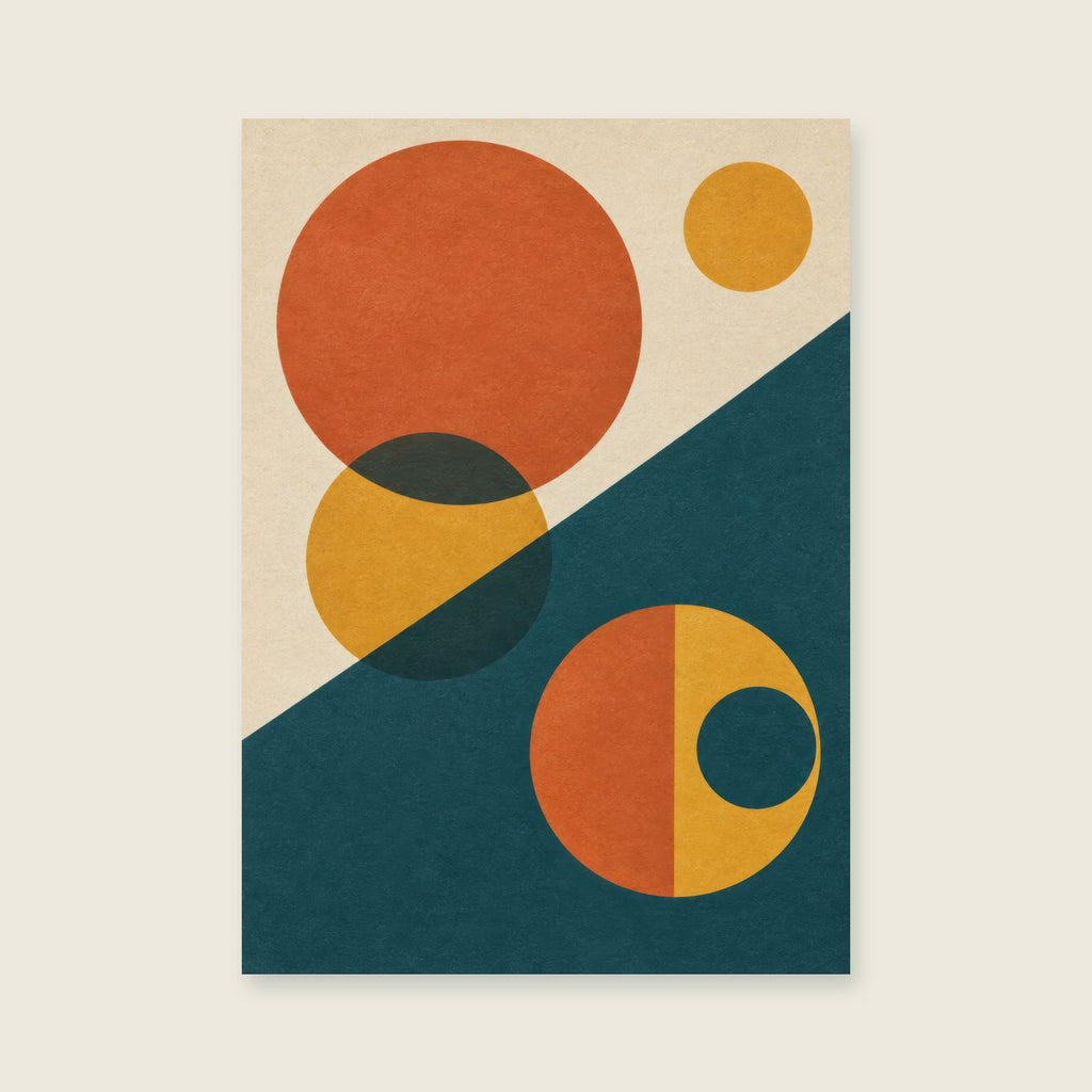 Offset circles and an oblique dark teal plane — Original geometric modernism living room art print