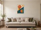 Offset circles and an oblique dark teal plane — A2 artwork shown in a room with a natural wood frame; select a framed finish to include a frame