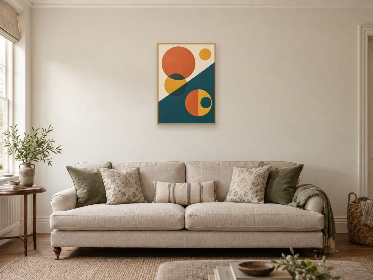 Offset circles and an oblique dark teal plane — A2 artwork shown in a room with a natural wood frame; select a framed finish to include a frame