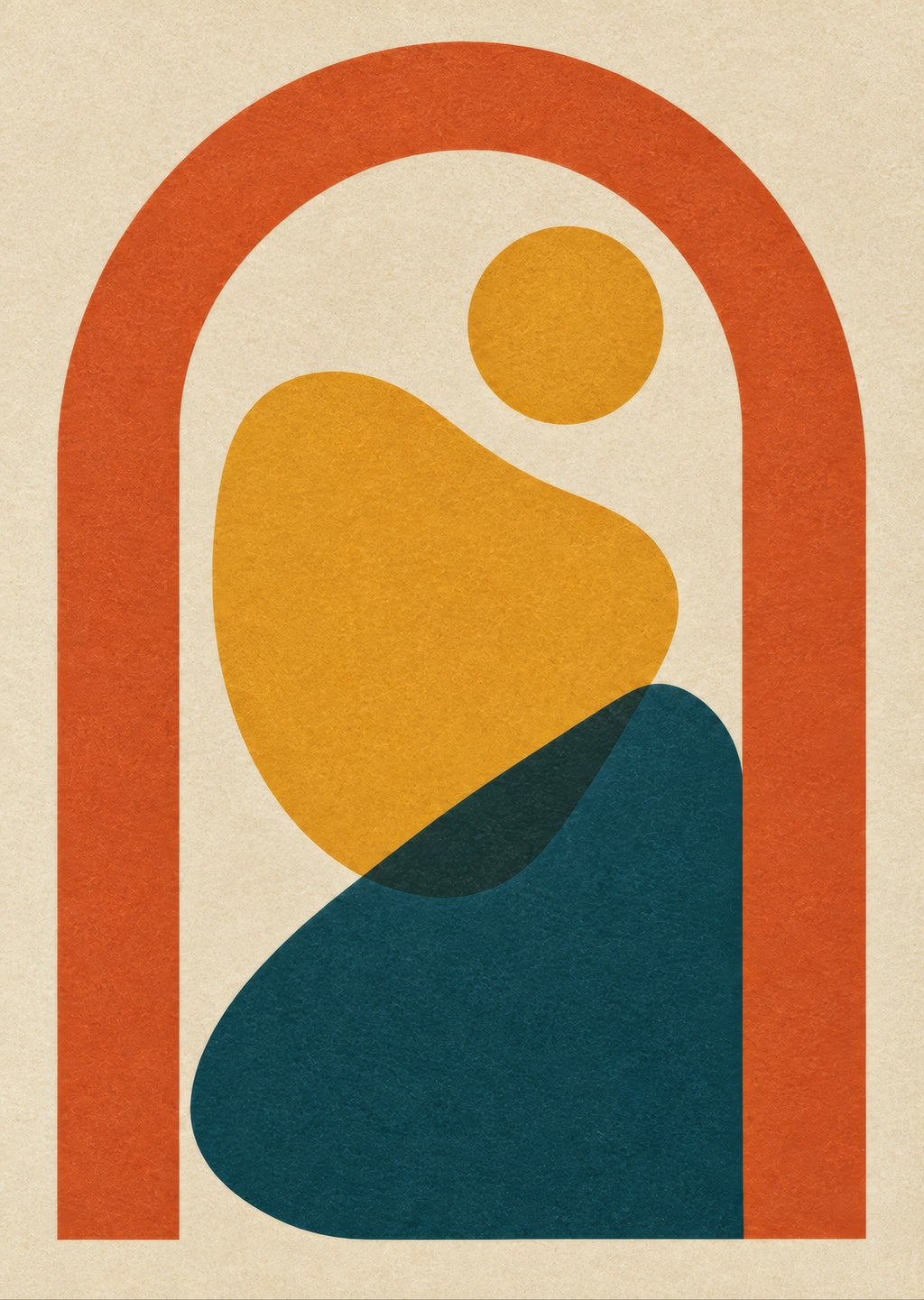 Curved orange arch surrounding irregular gold shapes — artwork detail