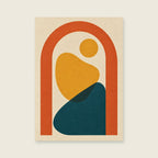 Curved orange arch surrounding irregular gold shapes — Original geometric modernism living room art print