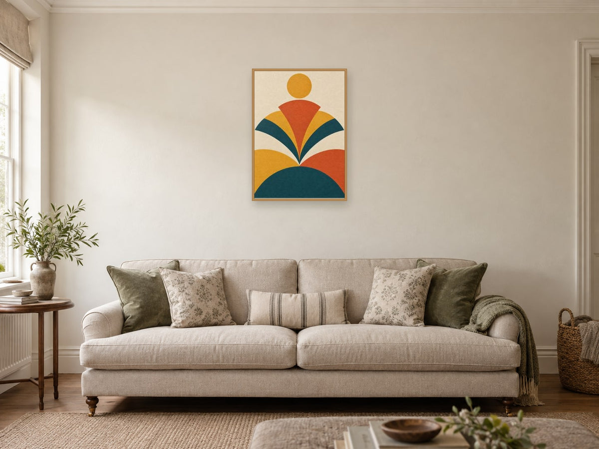 Layered fan forms — A2 artwork shown in a room with a natural wood frame; select a framed finish to include a frame