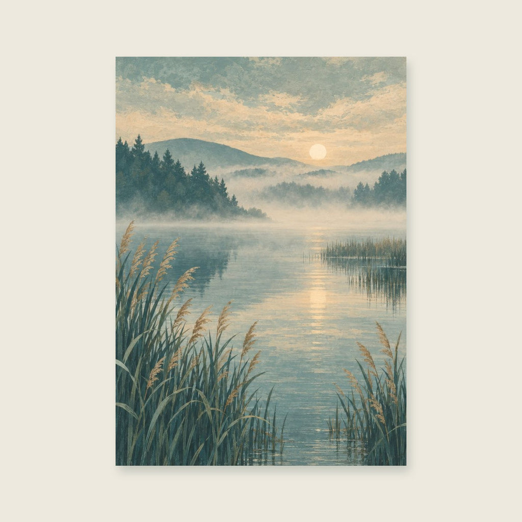 Mist above a fictional lake and reed beds — Atmospheric imaginary landscape living room art print