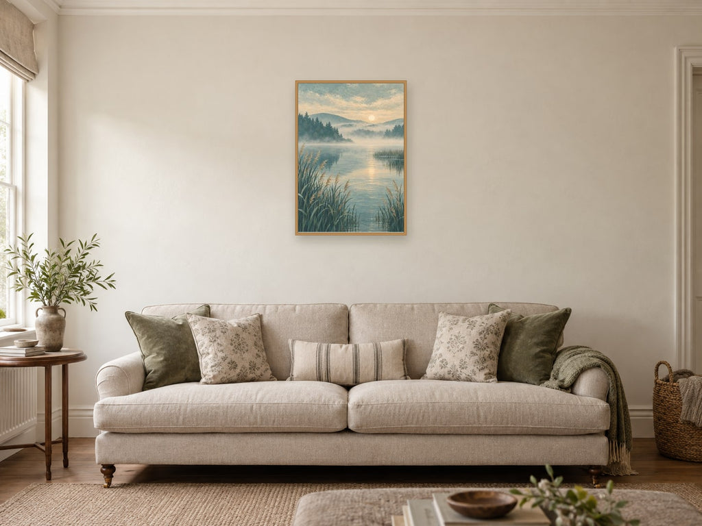 Mist above a fictional lake and reed beds — A2 artwork shown in a room with a natural wood frame; select a framed finish to include a frame