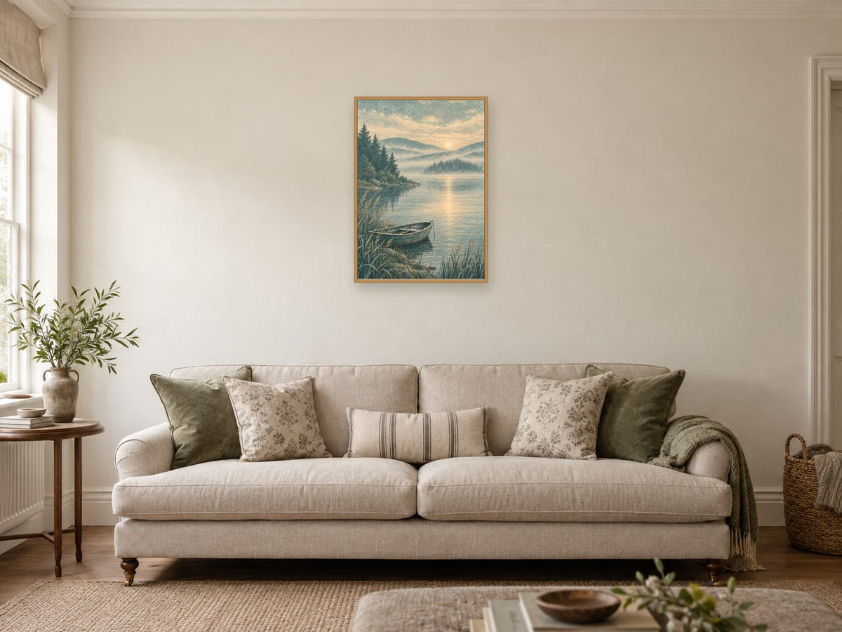 quiet shoreline — A2 artwork shown in a room with a natural wood frame; select a framed finish to include a frame