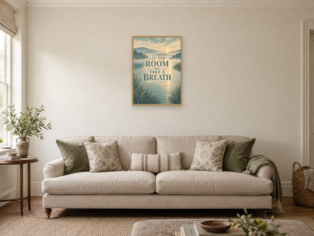 Let The Room Take A Breath — A2 artwork shown in a room with a natural wood frame; select a framed finish to include a frame