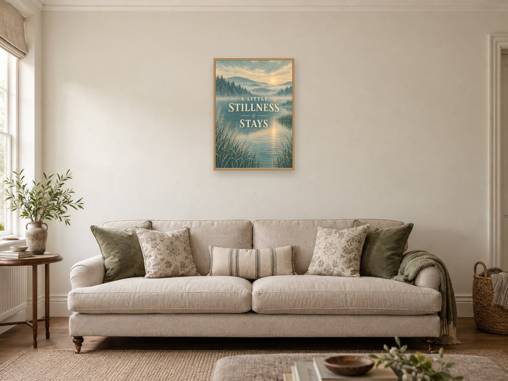 Little Stillness Stays — A2 artwork shown in a room with a natural wood frame; select a framed finish to include a frame