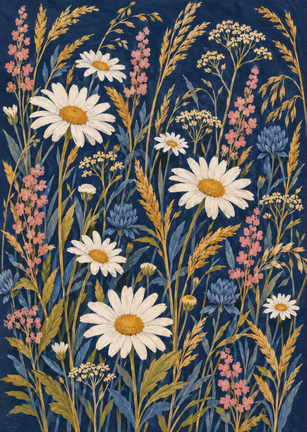 Meadow daisies and grasses on a deep navy field — artwork detail