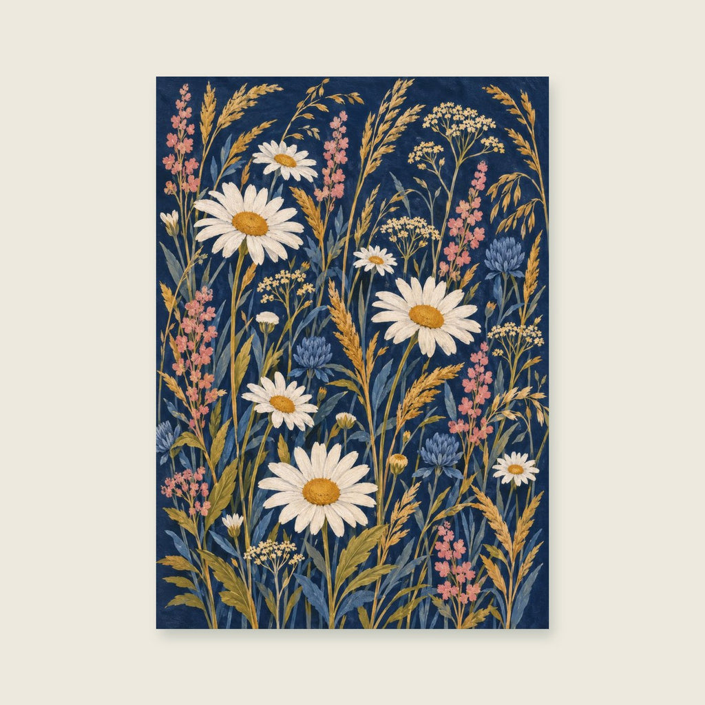 Meadow daisies and grasses on a deep navy field — Dense decorative gouache living room art print