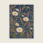 Meadow daisies and grasses on a deep navy field — Dense decorative gouache living room art print