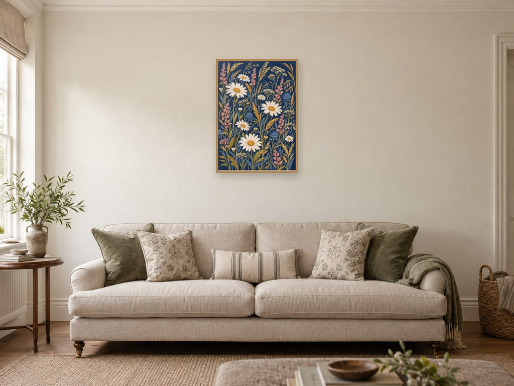Meadow daisies and grasses on a deep navy field — A2 artwork shown in a room with a natural wood frame; select a framed finish to include a frame