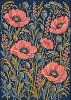Poppies and seed heads in a broad woven composition — artwork detail