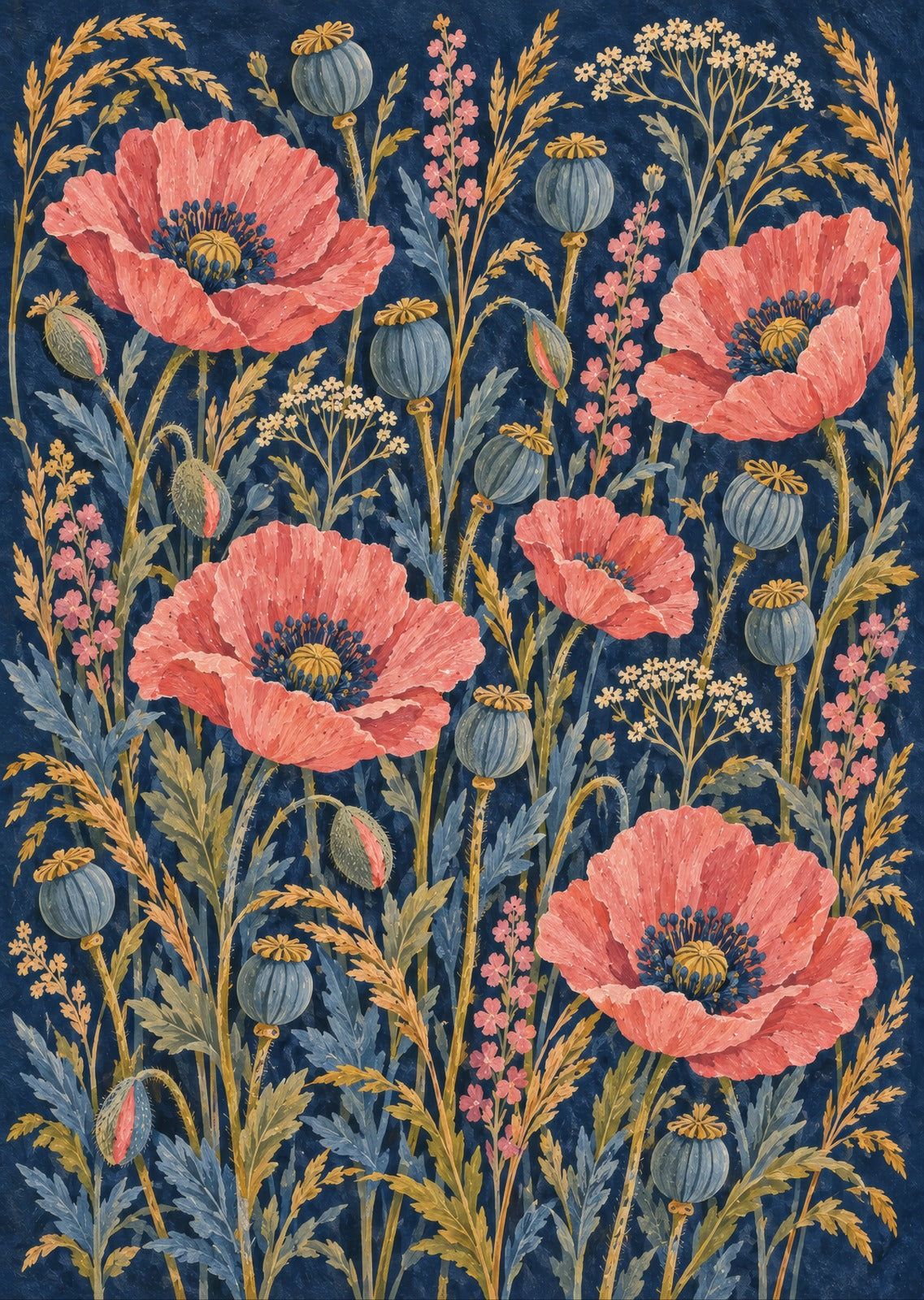 Poppies and seed heads in a broad woven composition — artwork detail