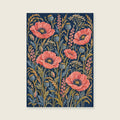 Poppies and seed heads in a broad woven composition — Dense decorative gouache living room art print