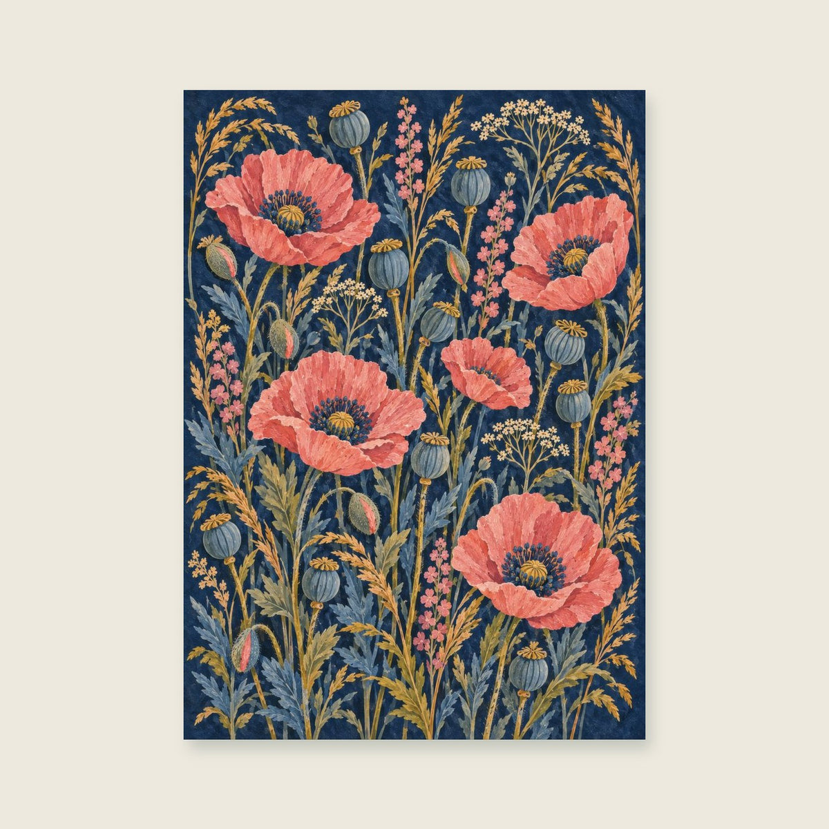 Poppies and seed heads in a broad woven composition — Dense decorative gouache living room art print