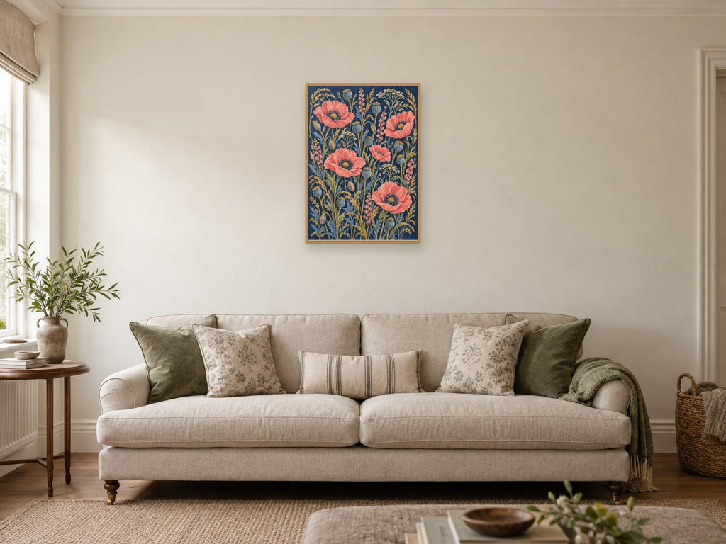 Poppies and seed heads in a broad woven composition — A2 artwork shown in a room with a natural wood frame; select a framed finish to include a frame