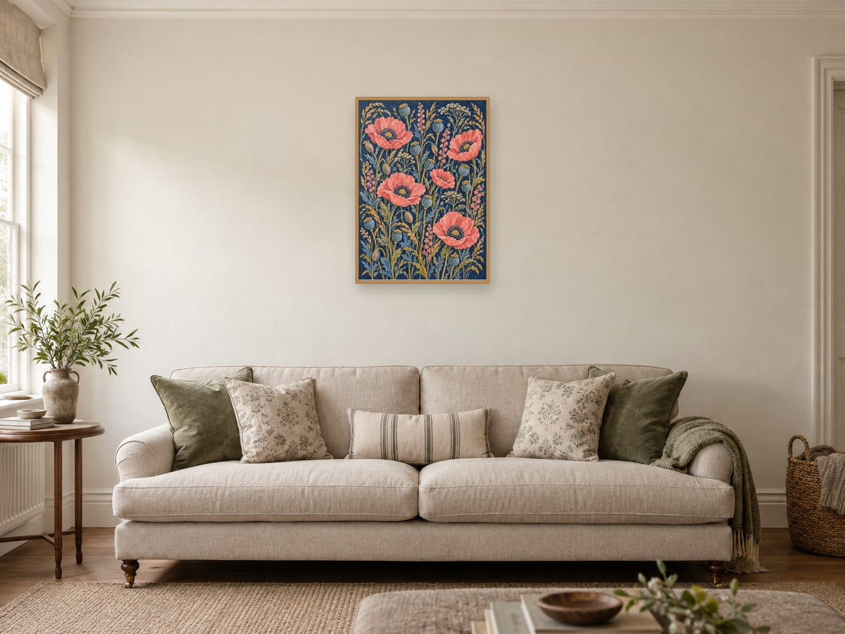Poppies and seed heads in a broad woven composition — A2 artwork shown in a room with a natural wood frame; select a framed finish to include a frame