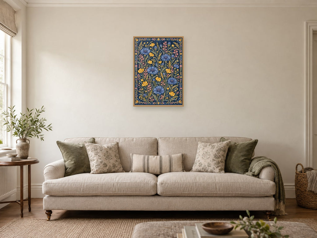 Cornflowers and buttercups — A2 artwork shown in a room with a natural wood frame; select a framed finish to include a frame